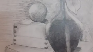 Ball and vase on stacked boxes, pencil sketch.