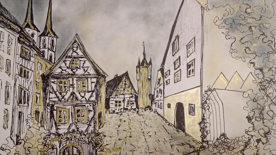 Skizze einer historischen Dorfstraße.