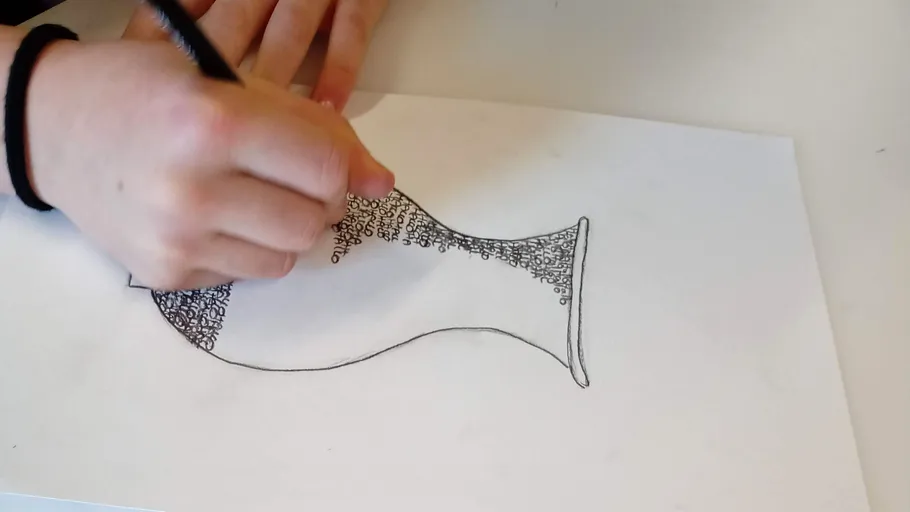 Hand drawing intricate vase pattern, white paper.