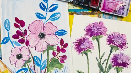 Watercolor flower paintings with paint palette.