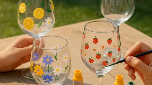Bemalte Weingläser mit Früchten und Blumen.