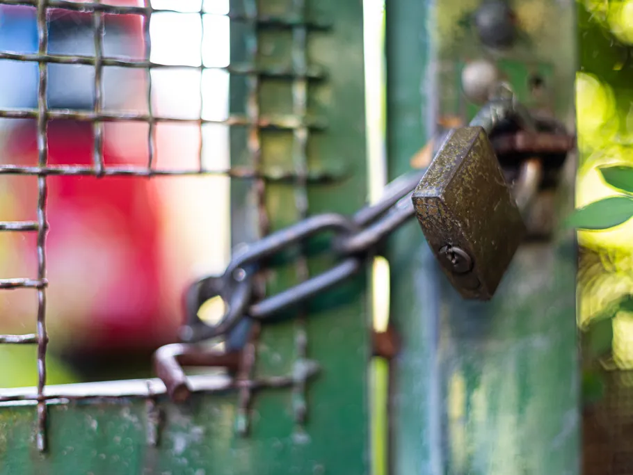 A padlock closes a green gate in the garden.