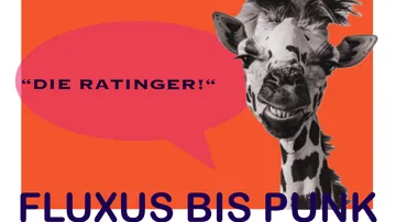 Giraffe mit Sprechblase vor orangefarbenem Hintergrund.