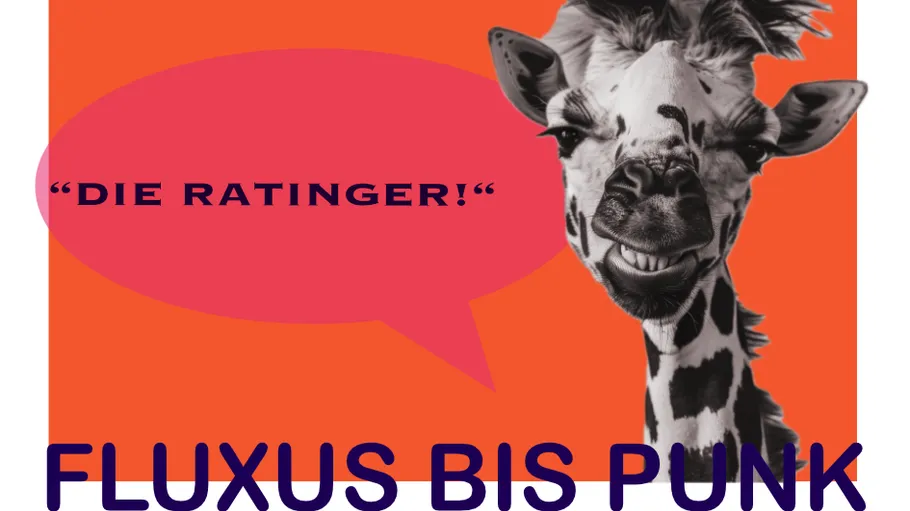 Giraffe with speech bubble on orange background.