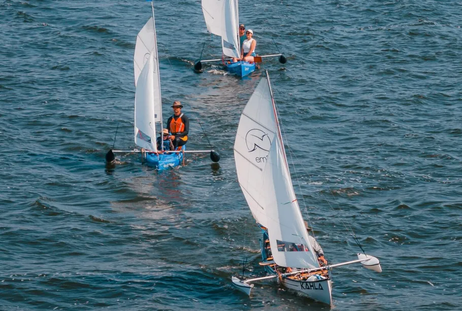 Three small sailboats racing on open water.