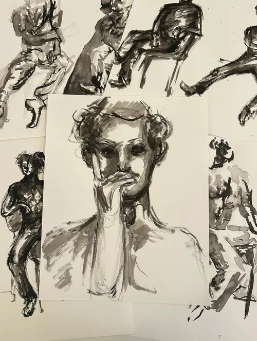 Black ink sketches of various human figures.