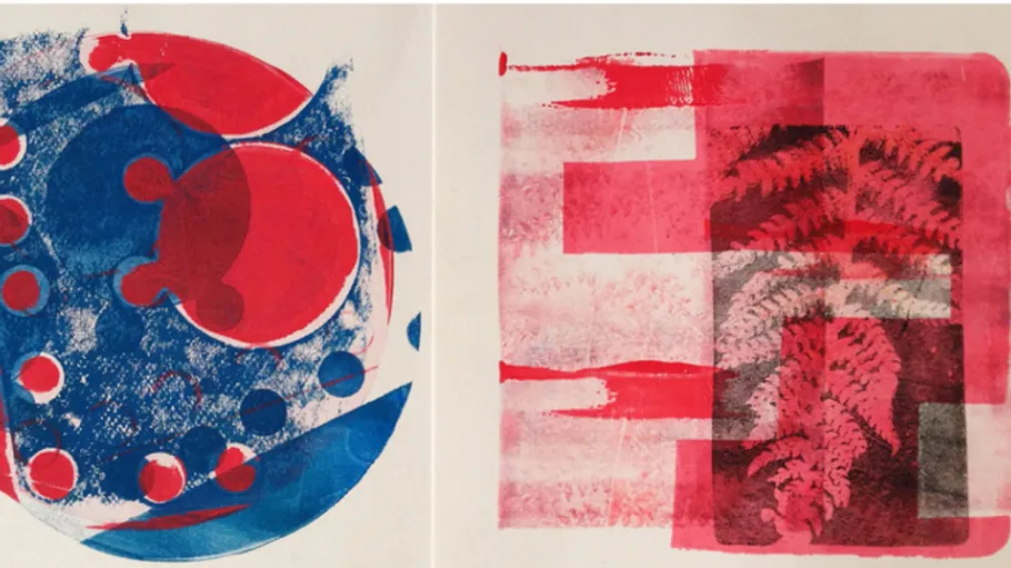 Abstract red and blue circles; red fern print.