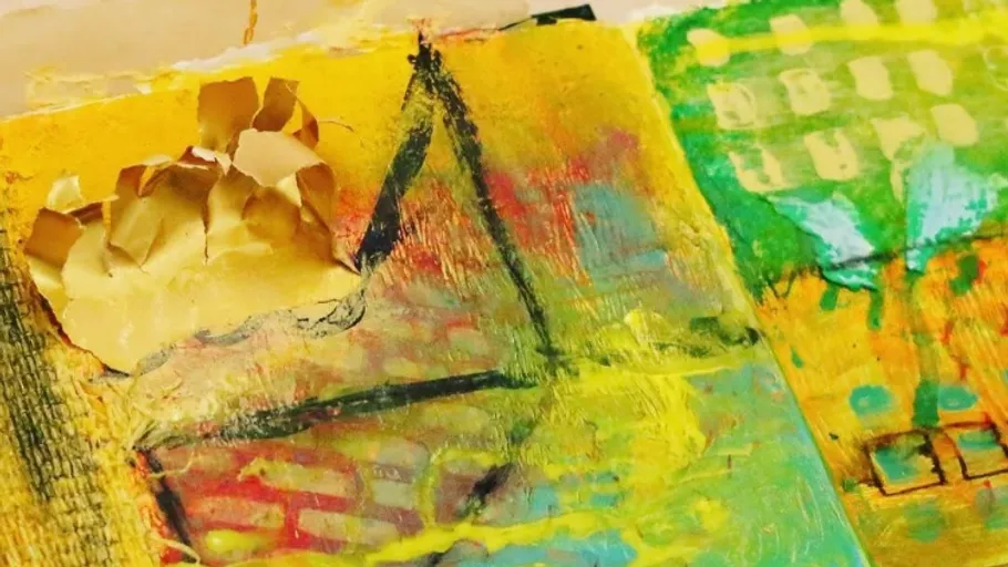 Colorful abstract painting with geometric shapes.