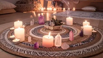 Candles and crystals on decorative rug.