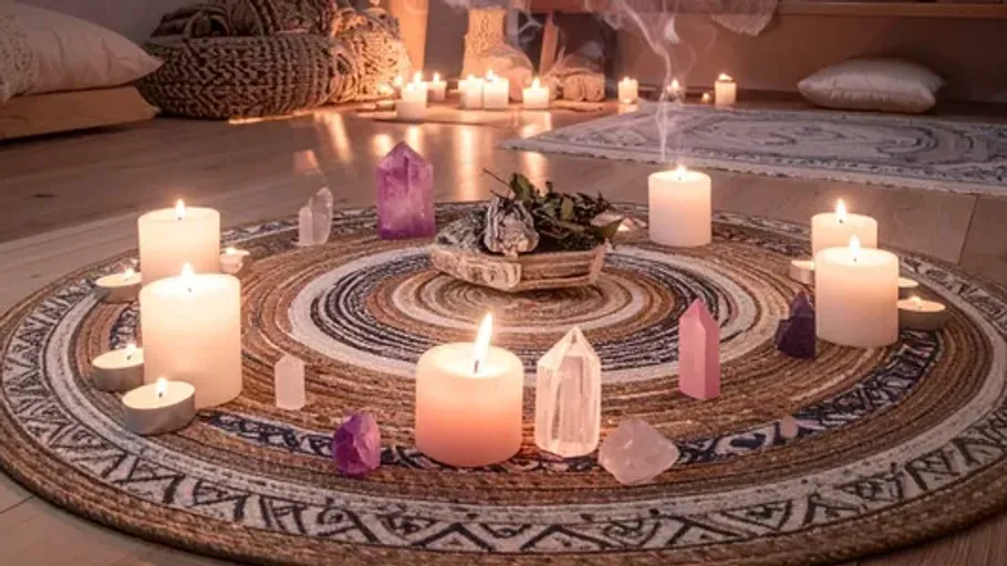 Candles and crystals on decorative rug.