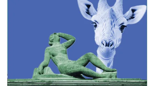 Sculpture of reclining figure, giraffe background.