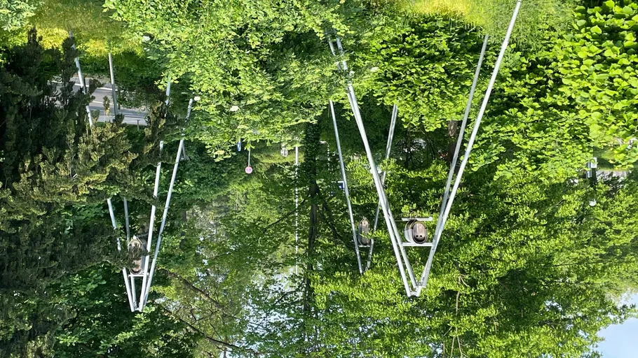 Upside-down metal structure amidst green trees.