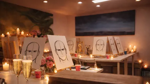 Art class setup with drawings and champagne.