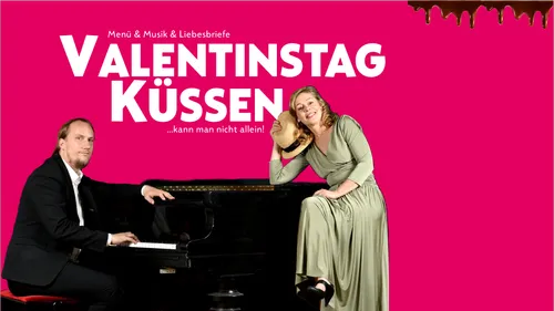 Woman sits on piano; man plays it, pink background.