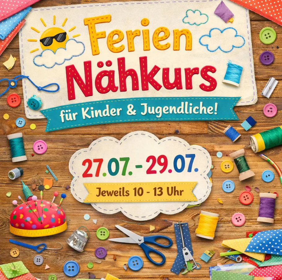 Flyer für Nähkurs mit bunten Materialien.