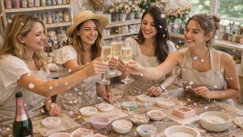 Vier Frauen stoßen mit Sekt im Studio an.