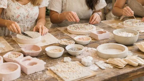 Four women crafting with pottery indoors.