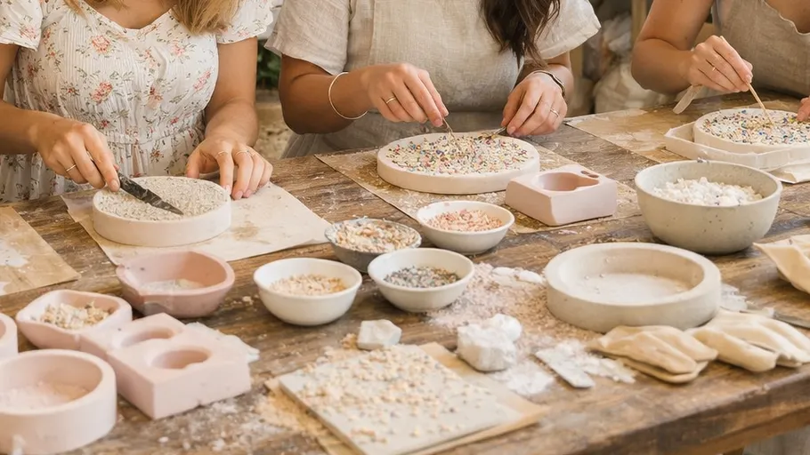 Four women crafting with pottery indoors.