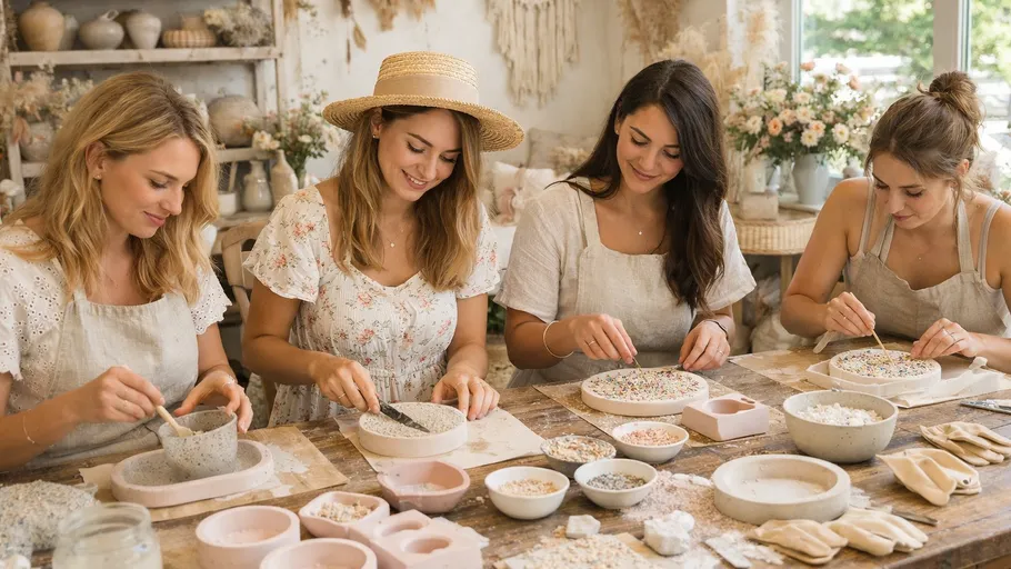 Four women crafting with pottery indoors.