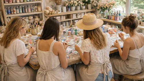 Four women painting glassware in a studio.