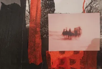 Abstract collage with red and black layers.