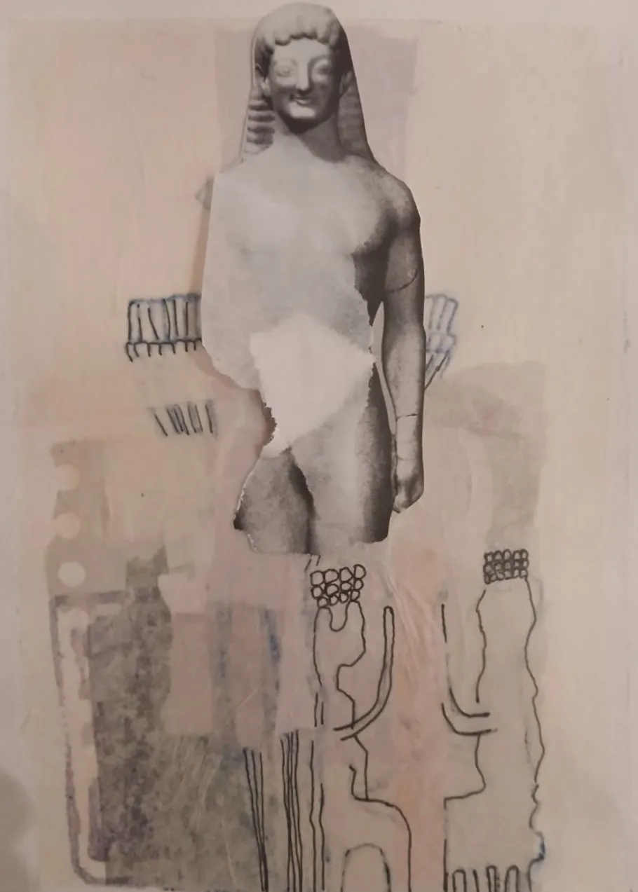 Mixed-media artwork with abstract human figure.