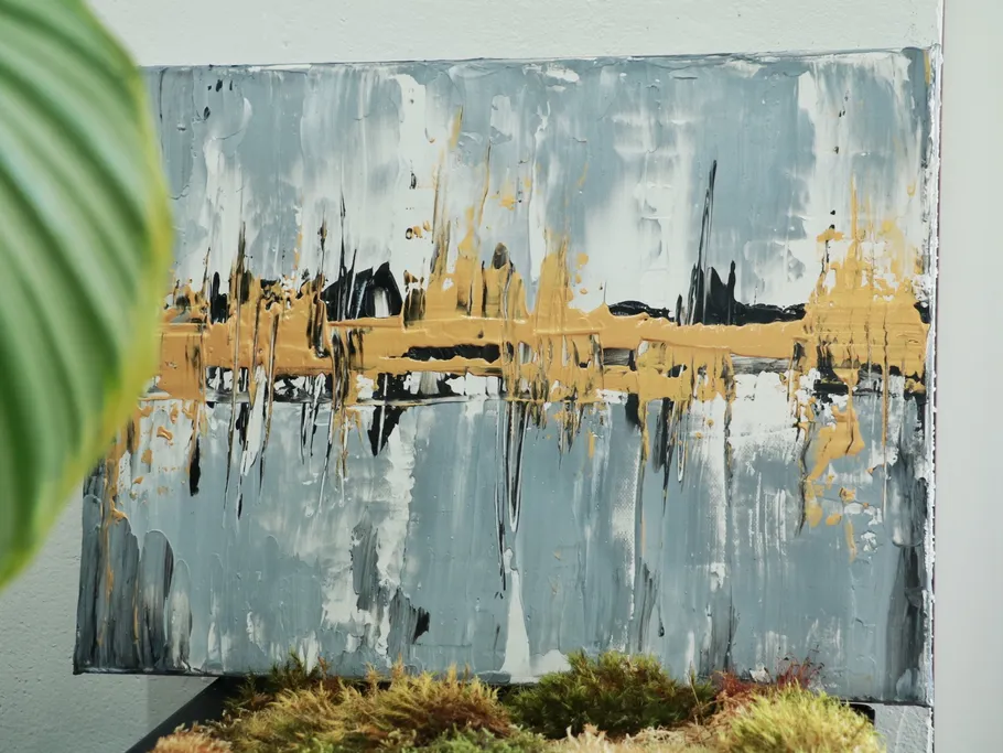 Abstract painting depicts golden and gray color structures, decorative.