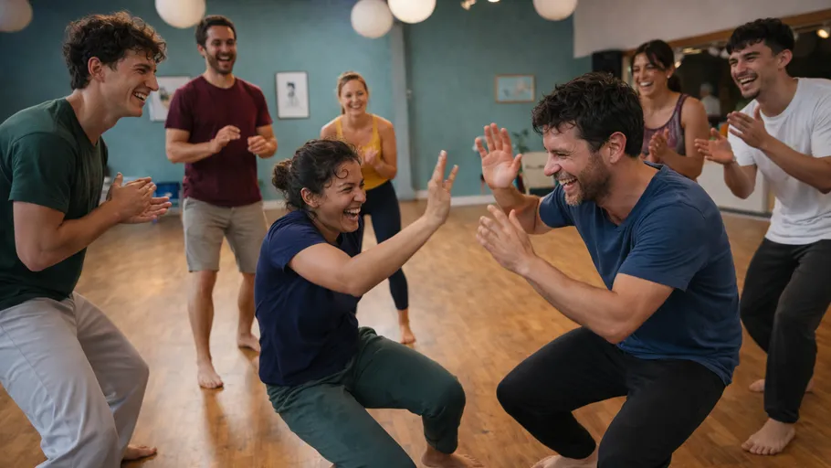 Group of people laughing in a dance studio.