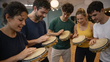 Group playing tambourines in a music class.