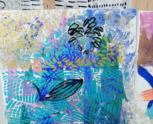 Abstract painting with vibrant leaf patterns.