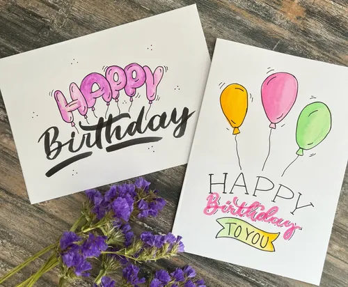 Zwei Geburtstagskarten mit bunten Luftballons.