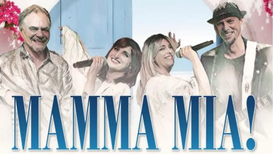 Four people singing against a blue background.