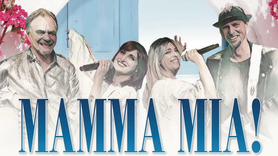 Four people singing with microphones, floral background.