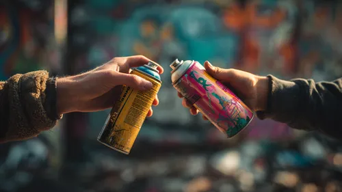 Zwei Hände halten Spraydosen.