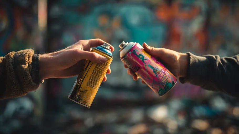 Zwei Hände halten Spraydosen.