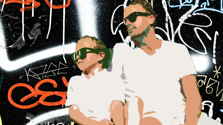 Zwei Personen mit Sonnenbrillen, bunter Graffiti-Hintergrund.