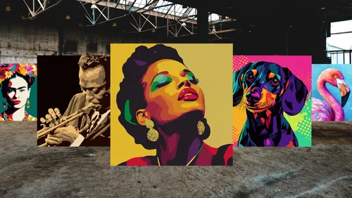 Bunte Pop-Art-Porträts in industriellem Umfeld.