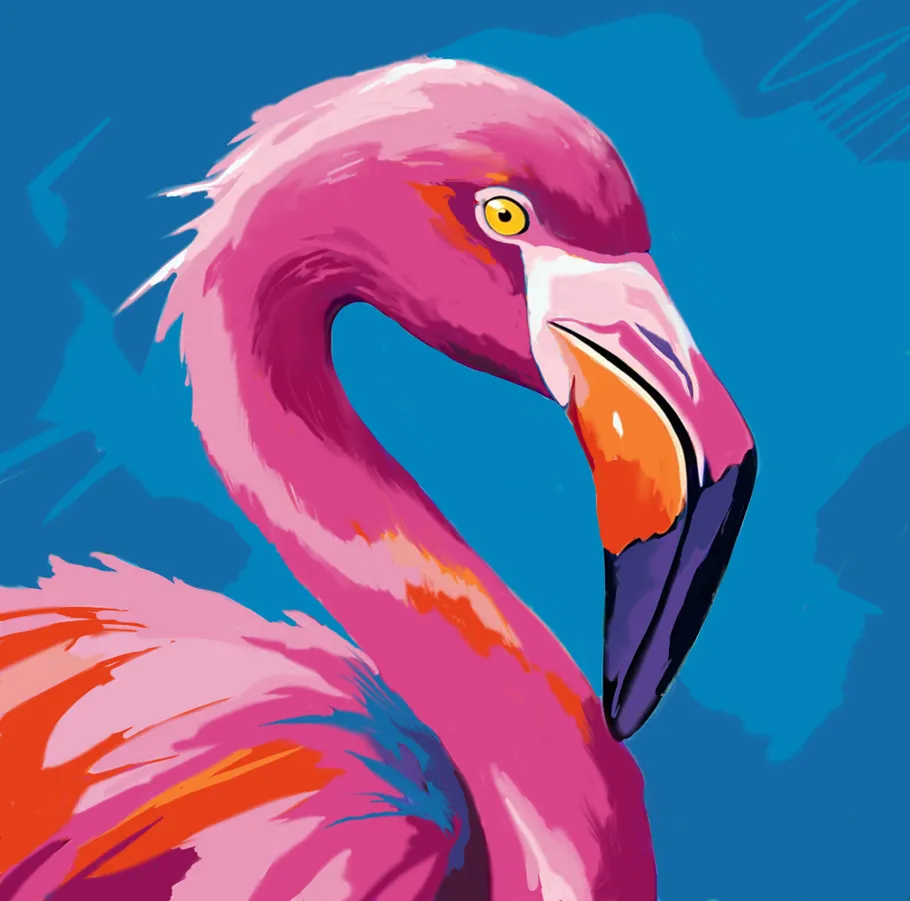 Farbenfrohe Flamingo-Illustration auf blauem Hintergrund.
