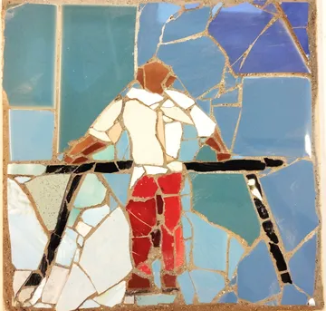 Mosaic art of person on crutches.