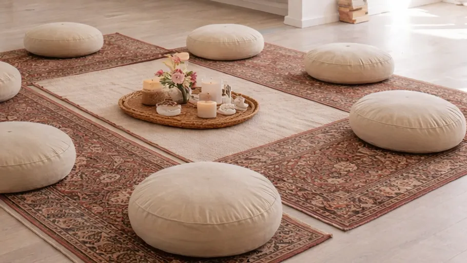 Round cushions encircle candles on ornate rugs.