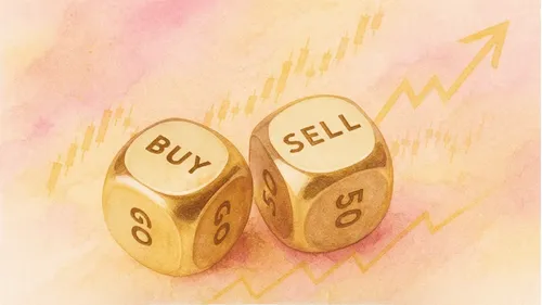 Goldene Würfel mit "BUY" und "SELL" Text.