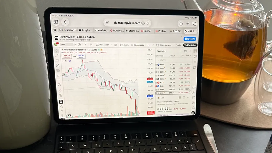Tablet showing stock chart, next to jar of tea.
