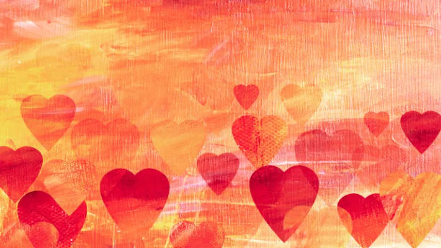 Red hearts on orange textured background.