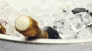 Champagne bottles chilling in ice bucket.