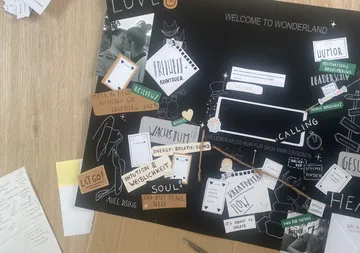 Collage mit Motivationswörtern auf Holzoberfläche.