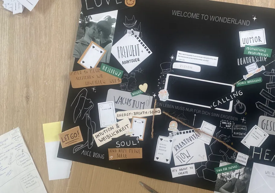 Collage mit Motivationswörtern auf Holzoberfläche.