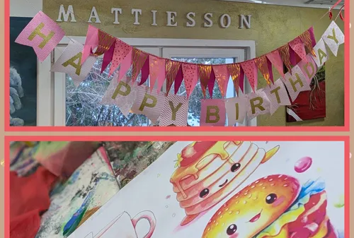 Geburtstagsbanner und süße Essensillustration.