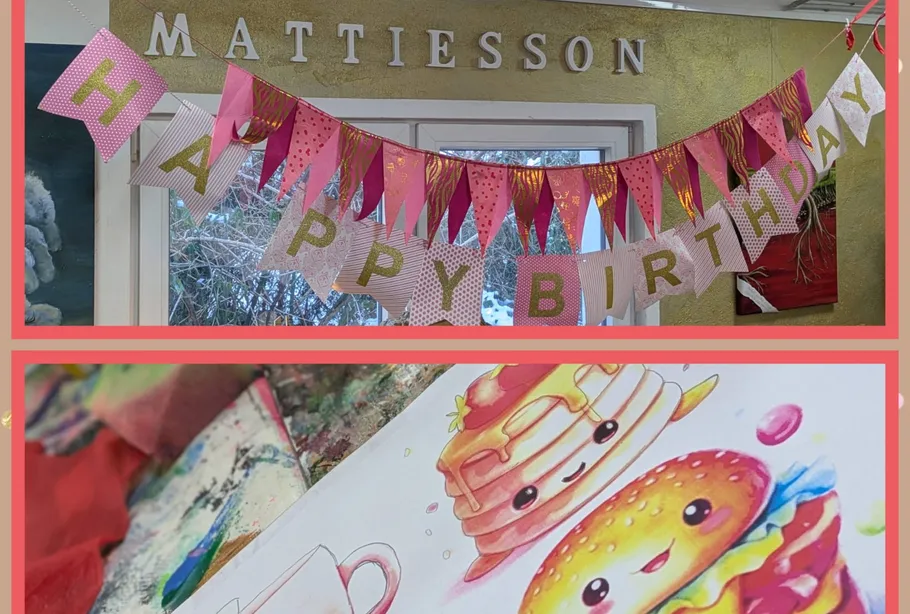 Geburtstagsbanner und süße Essensillustration.