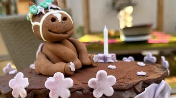 Hundförmiger Kuchen mit Blumendekorationen draußen.
