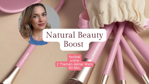 Woman and makeup brushes with text overlay.